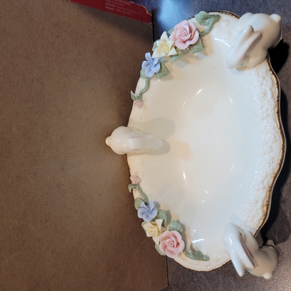 Floral Porcelain Dish with Bunny Accents